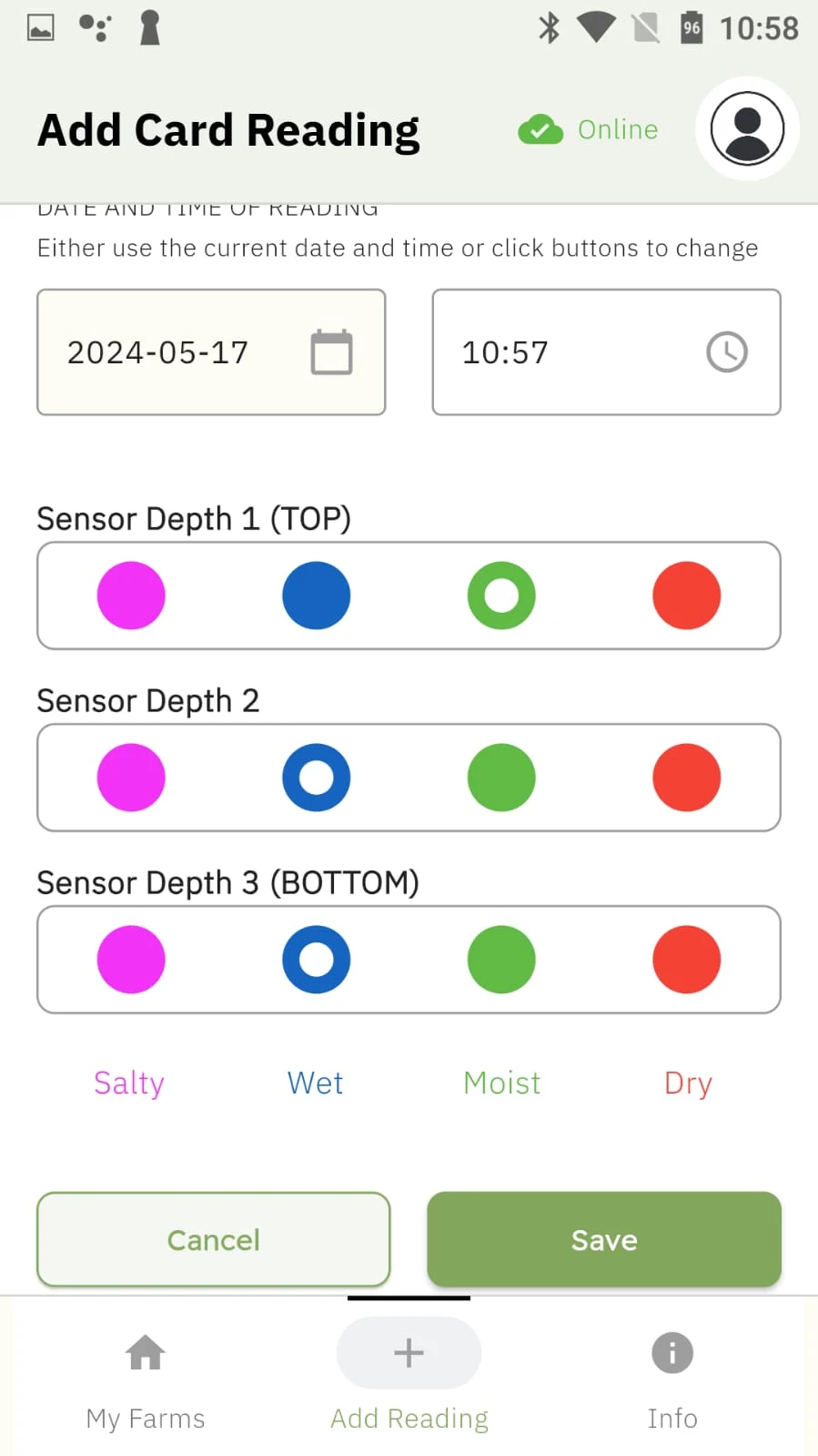 Tap in the colour each reading shows, at every depth.