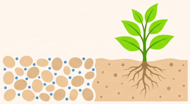 Sandy soil: large particles with water sitting loosely between them, feeding a healthy plant.